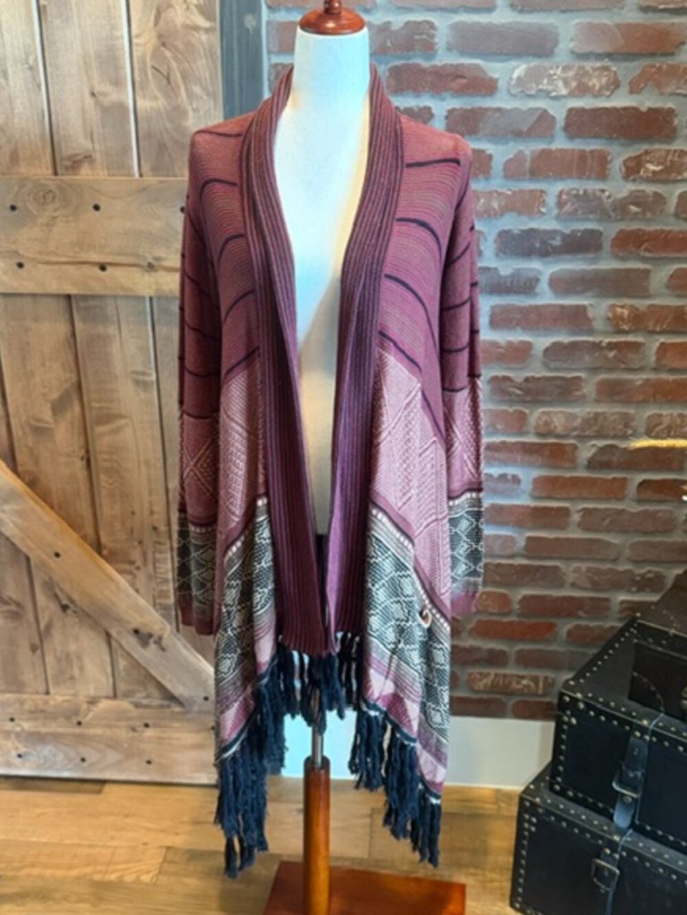 Boho Cardigan M/L Burgundy Aztec Fringe Open Front Duster Sweater